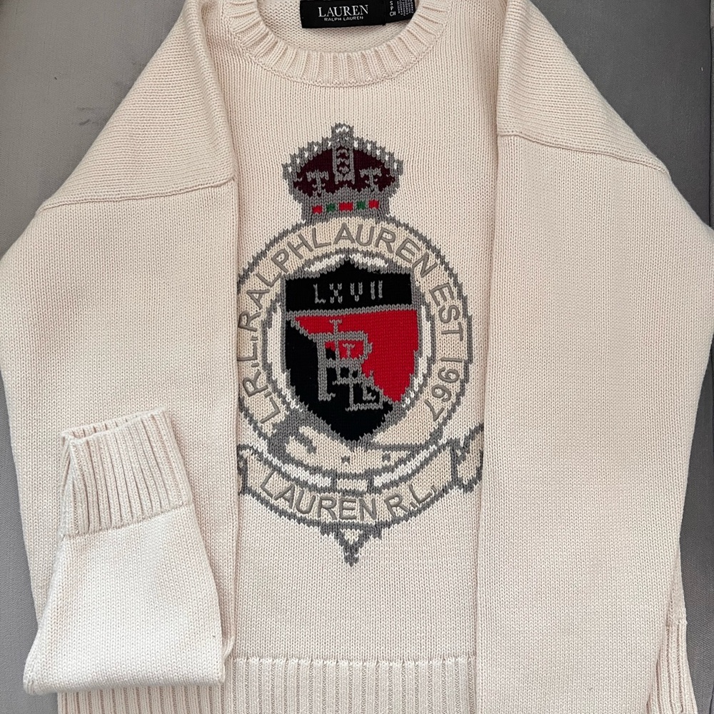Ralph Lauren Cream Crew Neck Sweater with Crest Design